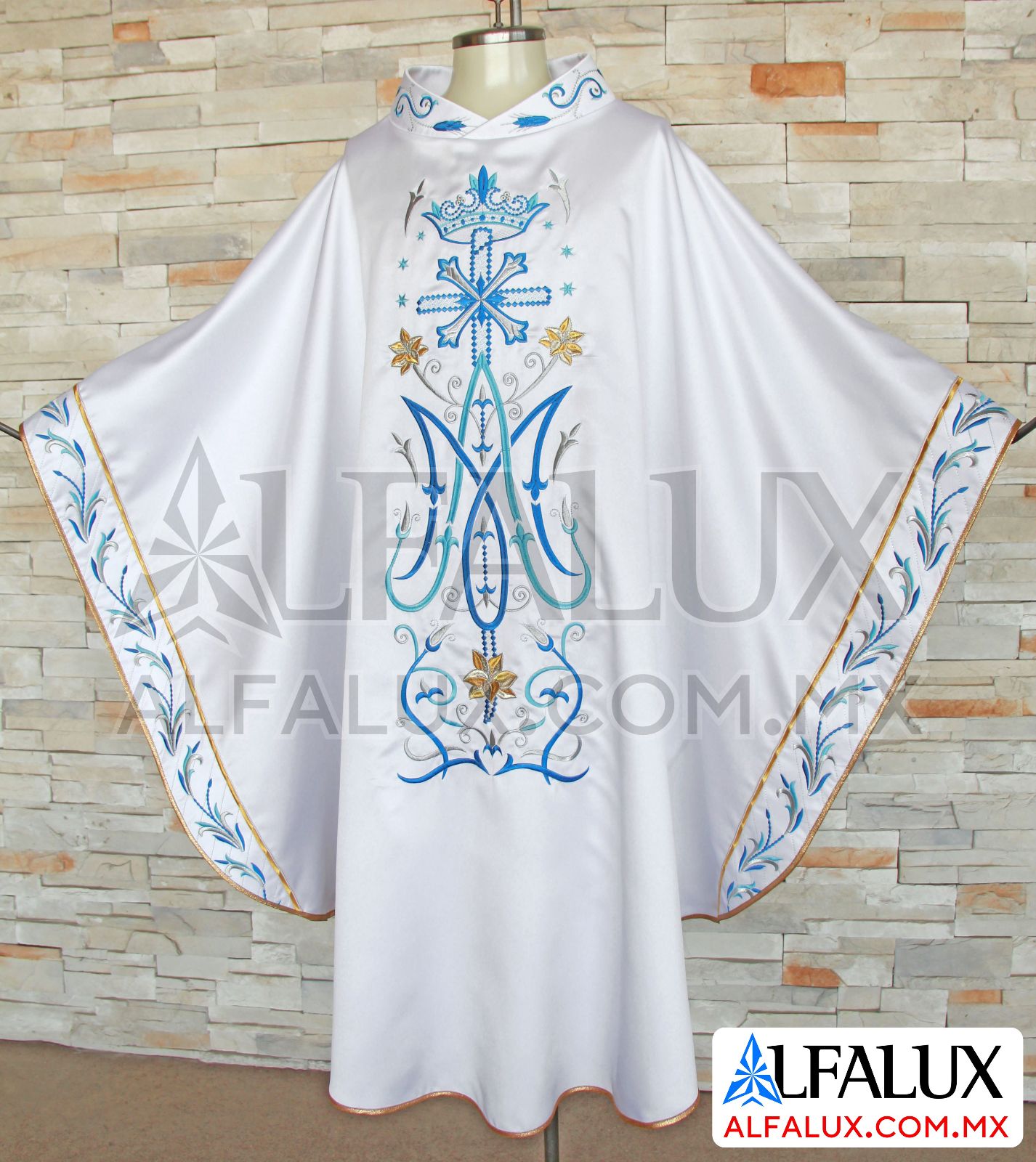 24 DOBLE MARIANA Casulla Alfalux Laterales Azul Cllo Bordado (3)